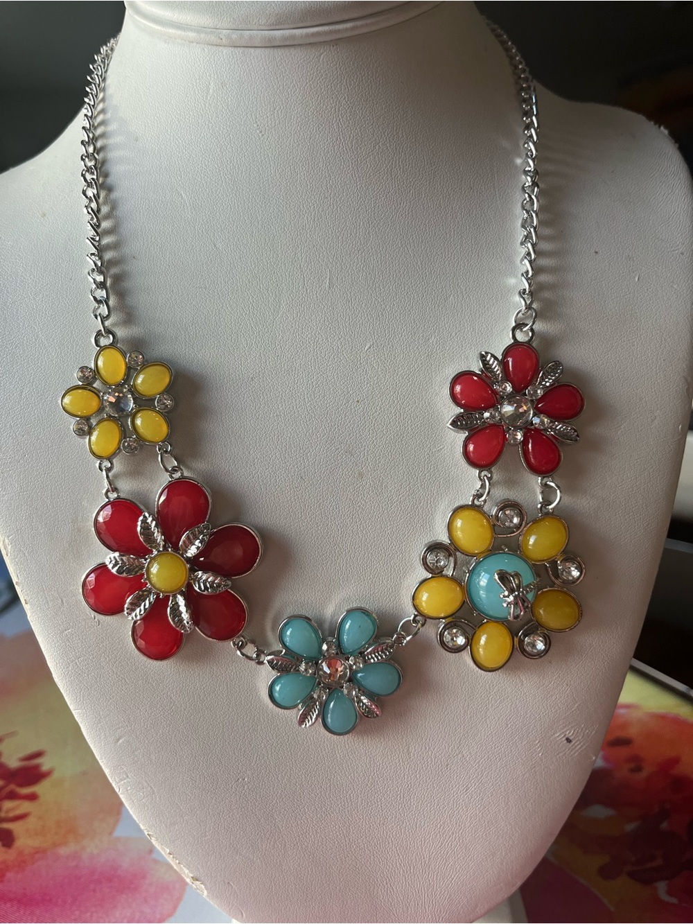 paparazzi Multi-Color Floral Cluster Necklace - Red, Yellow & Turquoise